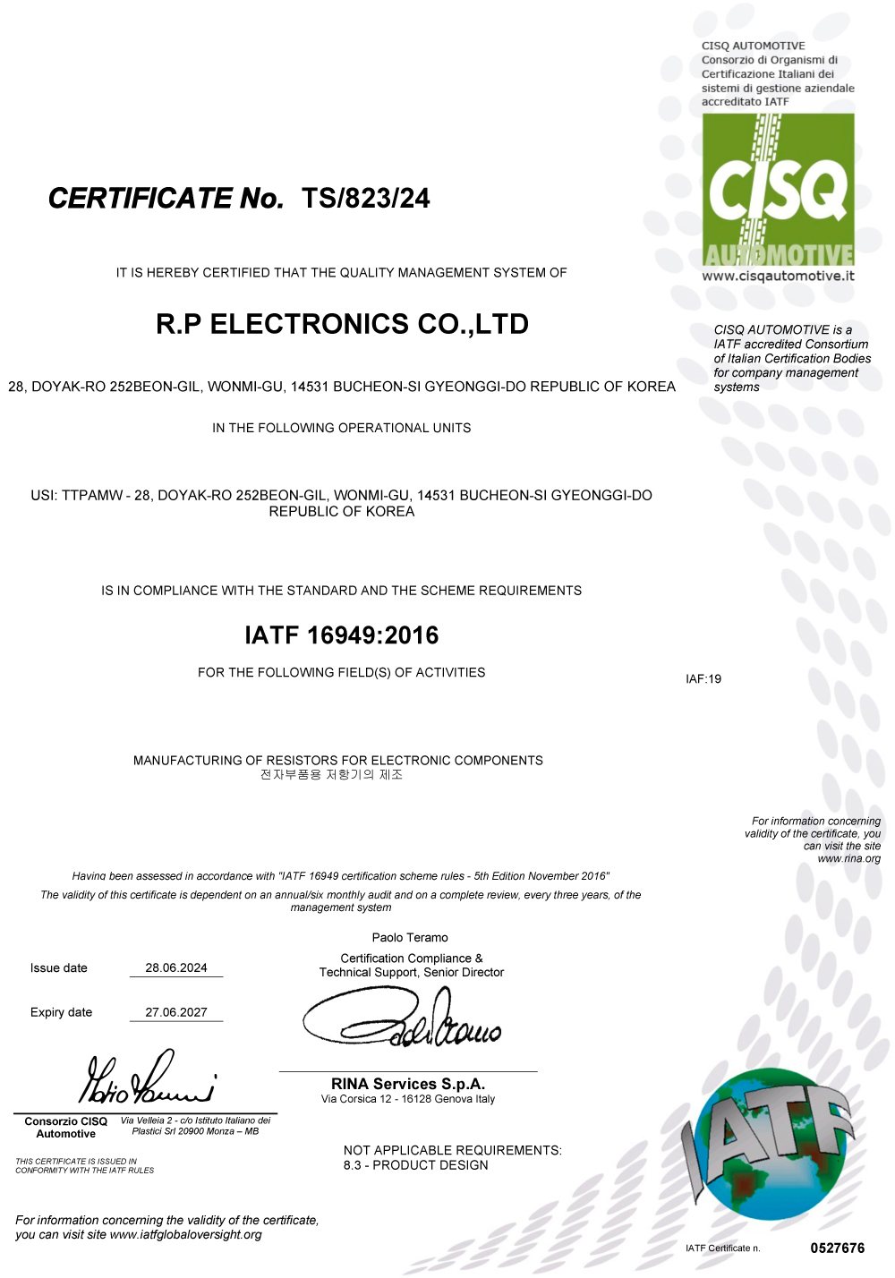 CERTIFICATE No. TS,823,24